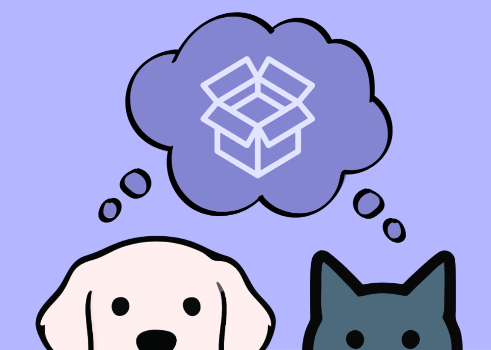 Dog and cat thinking about boxes