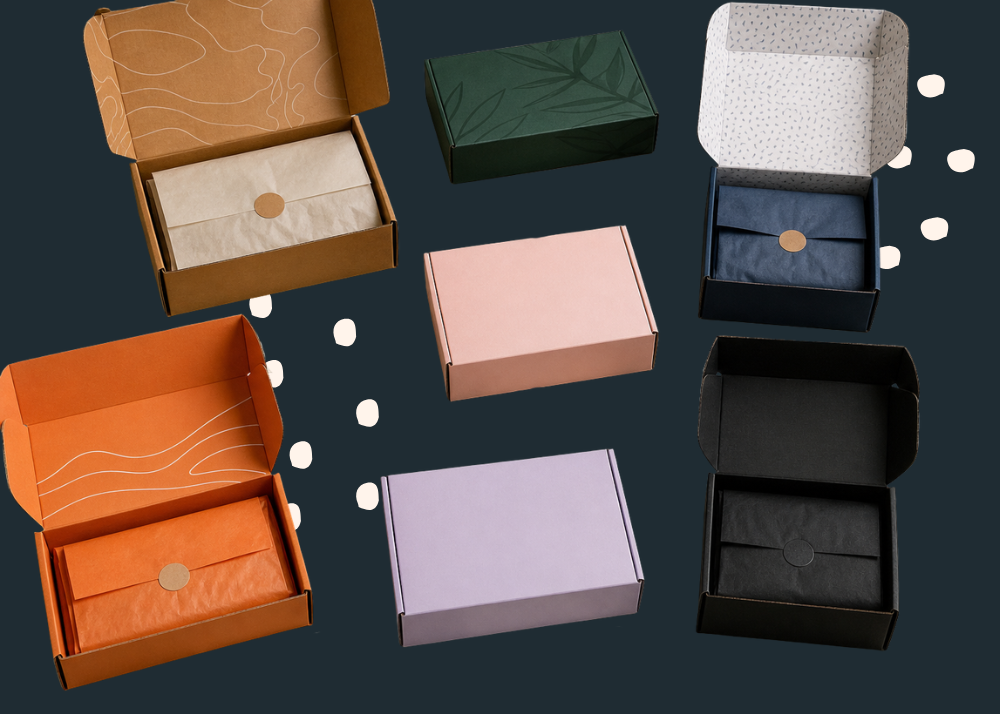 Bright packaging design studio table at a Northwest manufacturer with custom printed corrugated and rigid setup box samples, color swatches, and dieline printouts laid out for review