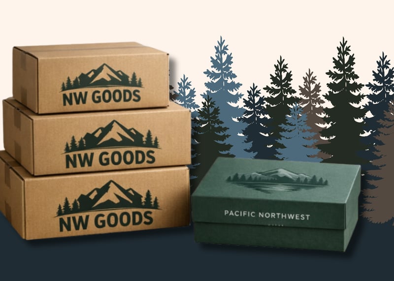Stacked custom printed corrugated shipping boxes and a premium rigid setup box under neutral studio lighting with tree background