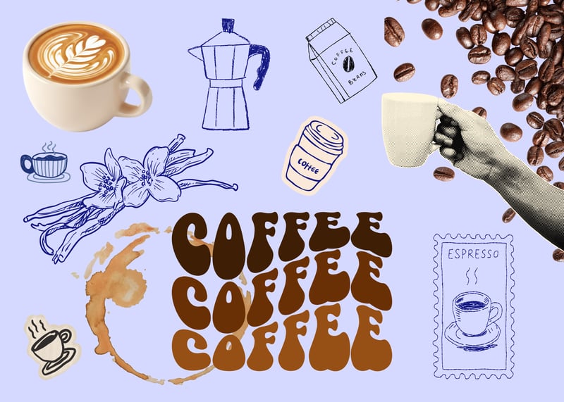 coffee collage on a light purple background