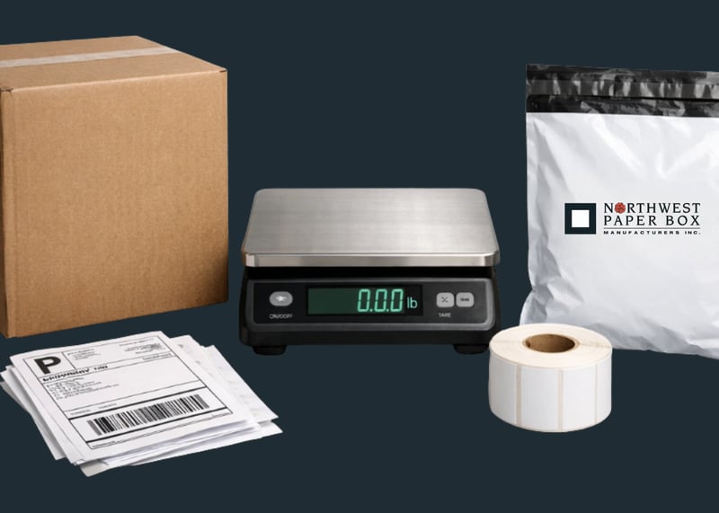 Studio setup showing a corrugated shipping box and a branded poly mailer side by side with a shipping scale and labels