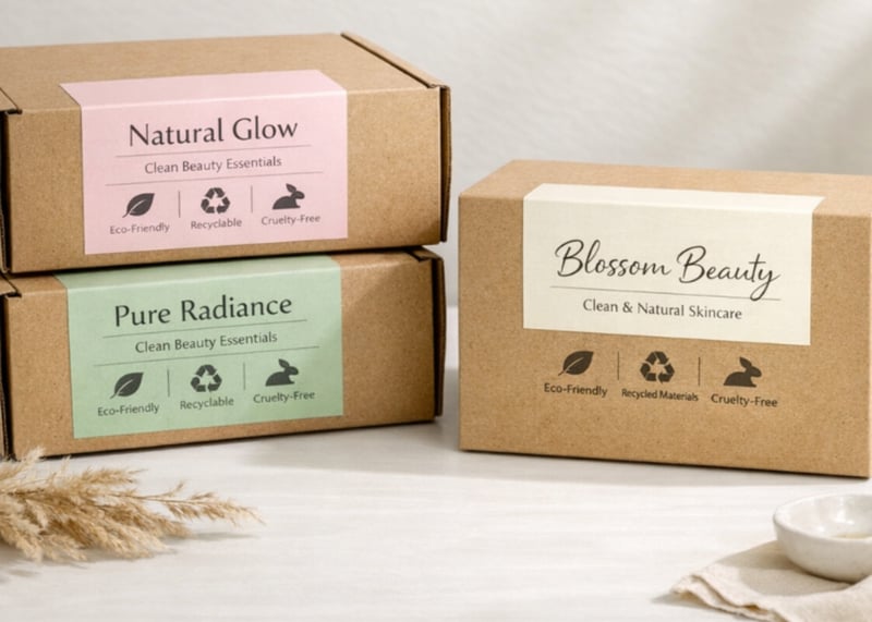 Minimalist studio scene with custom printed corrugated mailers and a rigid setup box for a clean beauty brand