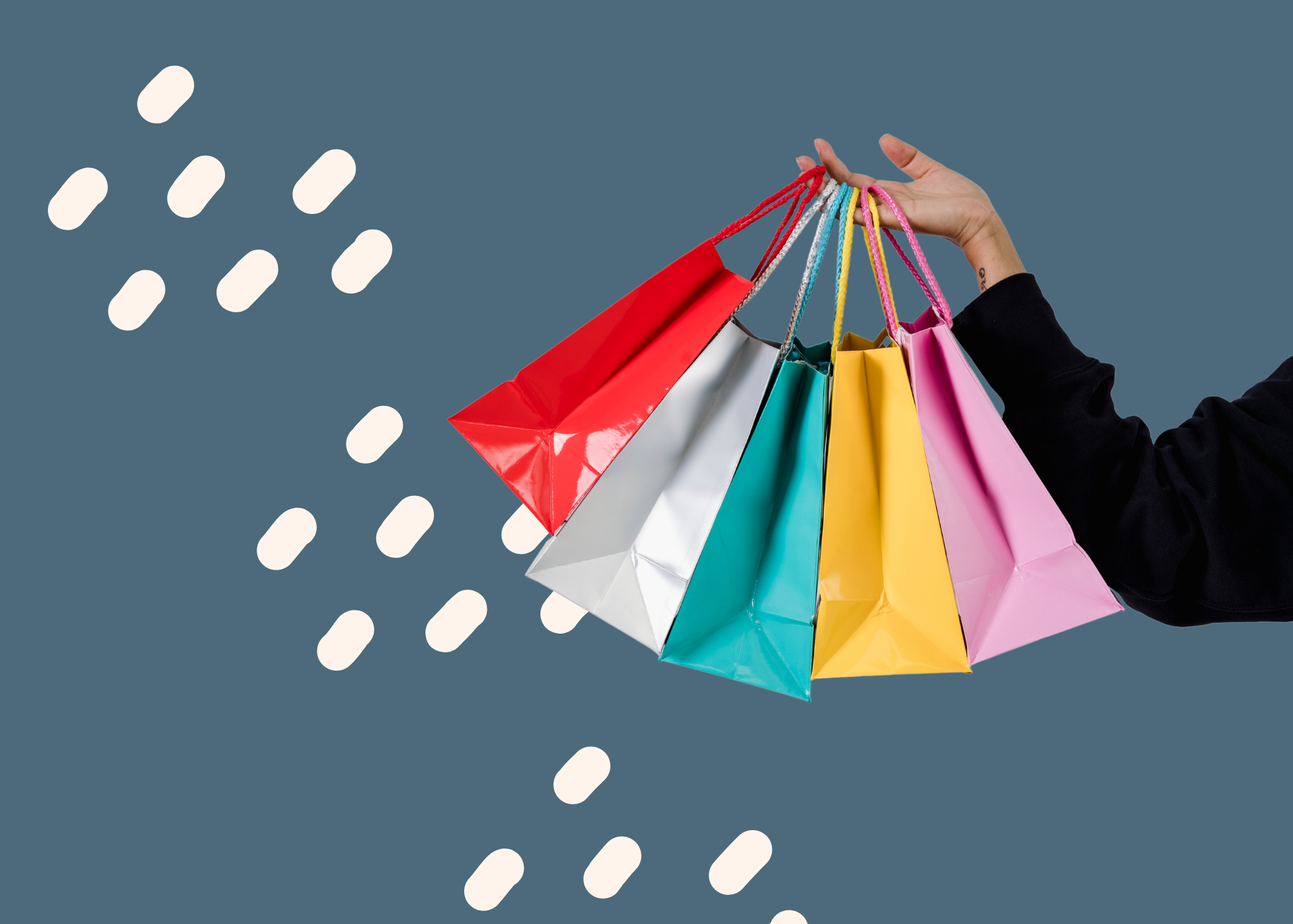 colorful shopping bags with a graphic design pattern background