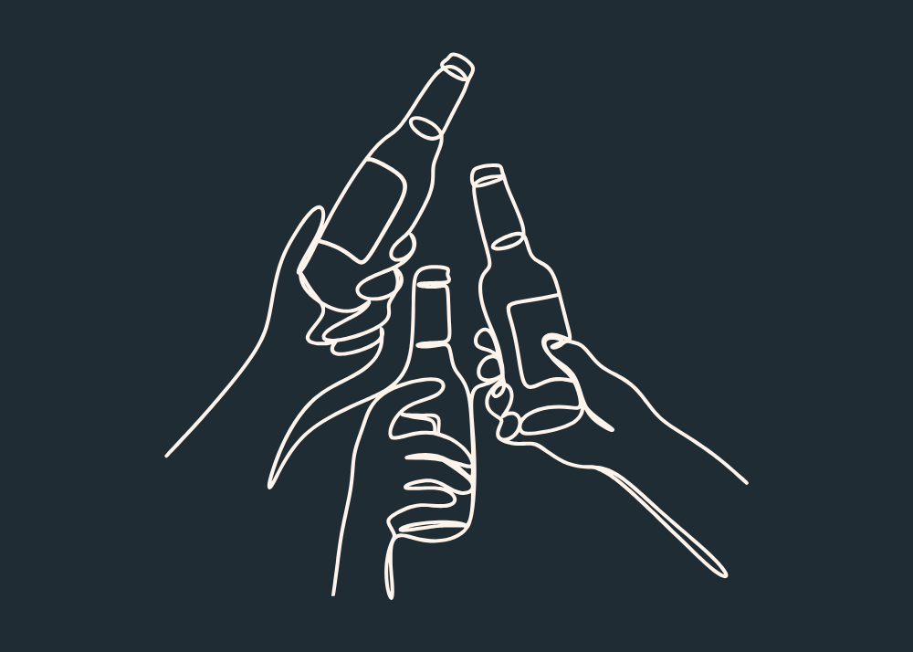 sketch of three people cheering with a drink