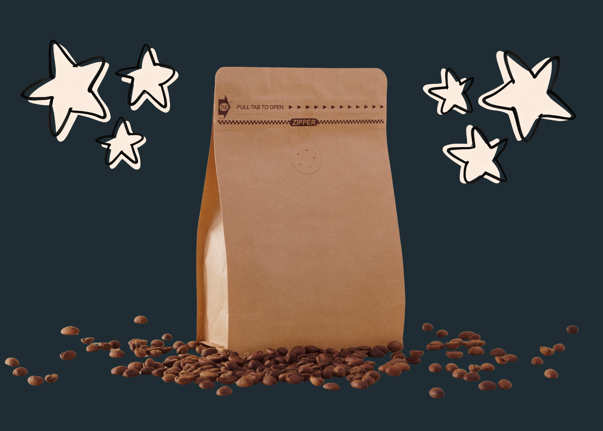 Coffee bean bag with spilled beans and stars