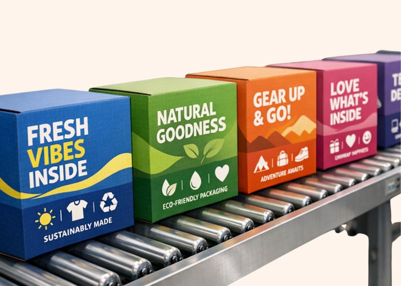 Row of custom printed corrugated shipping boxes on a conveyor with bold brand graphics and short messages