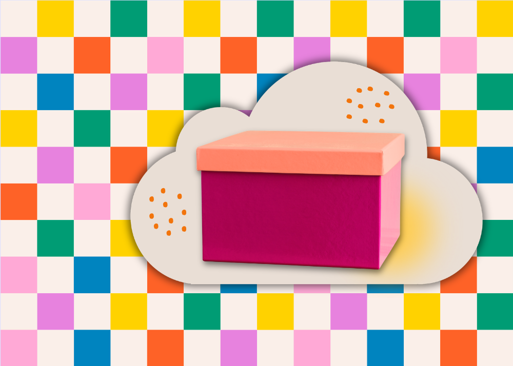 Colorful rigid set-up box on a rainbow checkered background