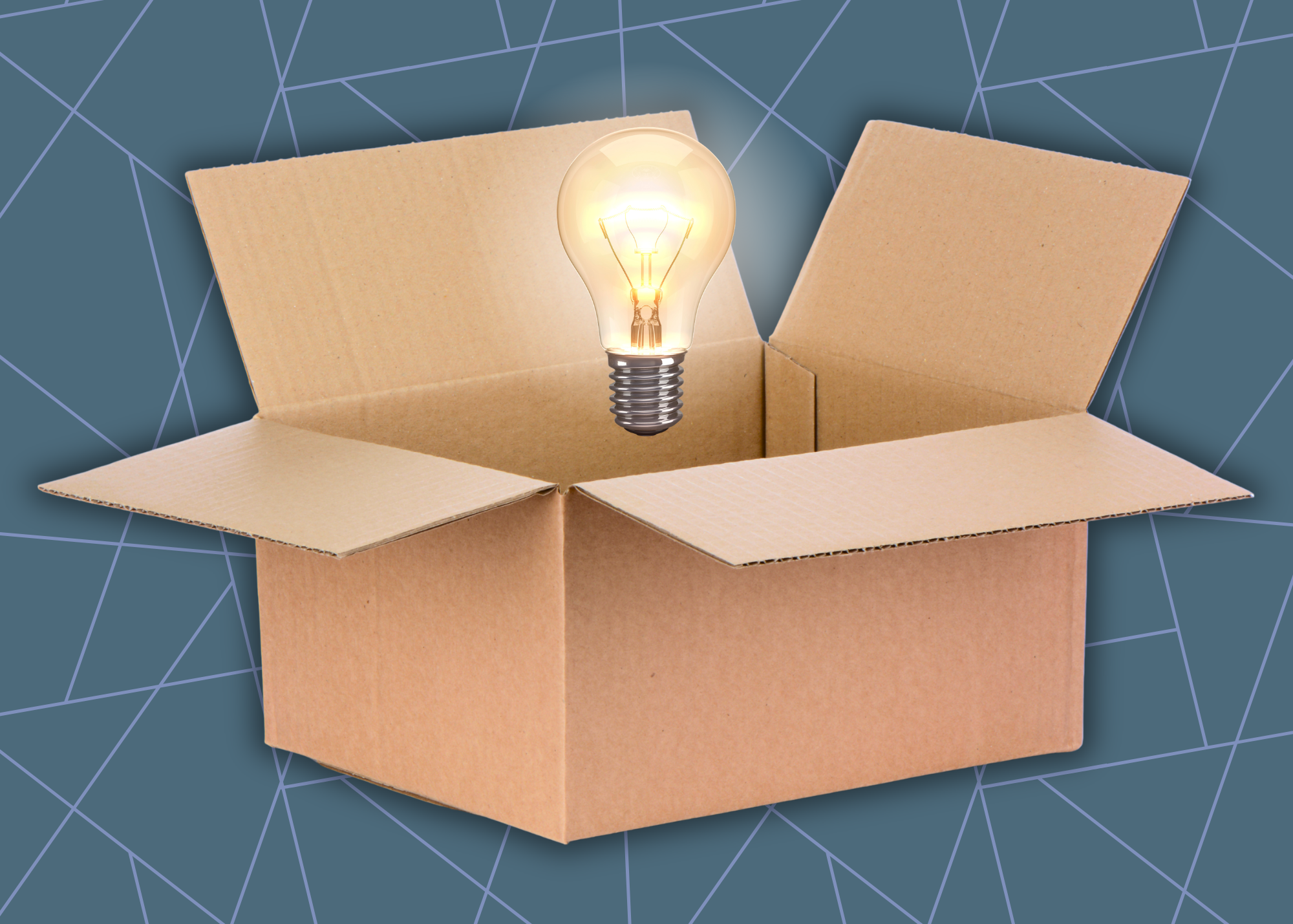 Glowing lightbulb in a box