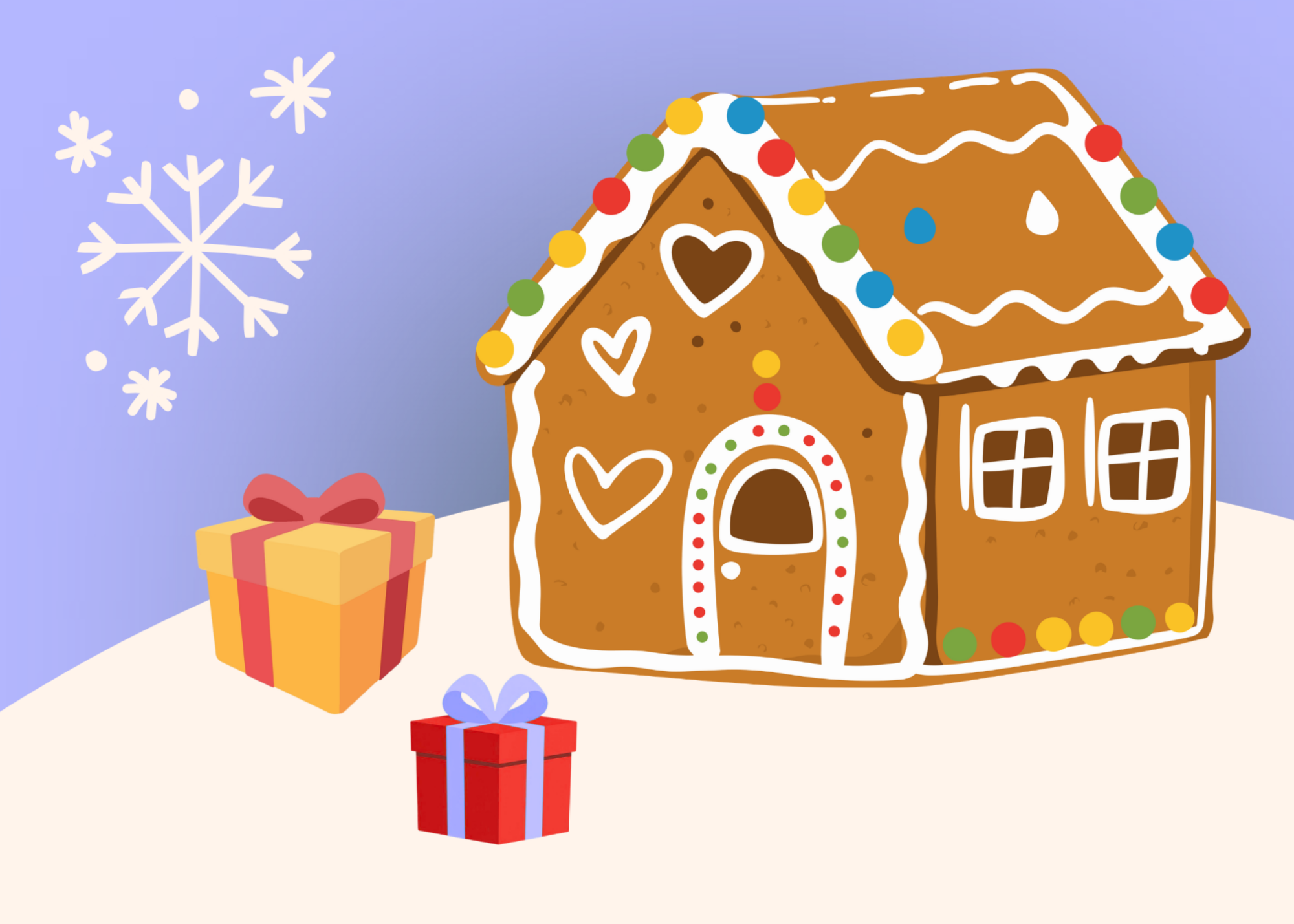 Gingerbread house and presents cartoon