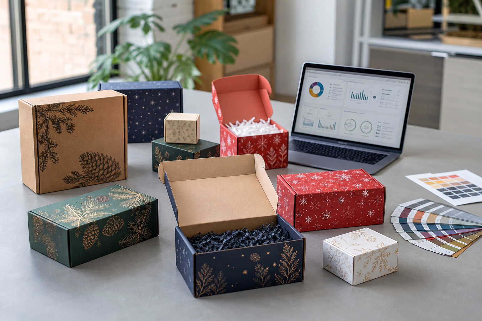 Design studio table with a variety of short-run seasonal custom corrugated mailers and small rigid setup boxes, color swatches, and a laptop showing a small digital print run dashboard